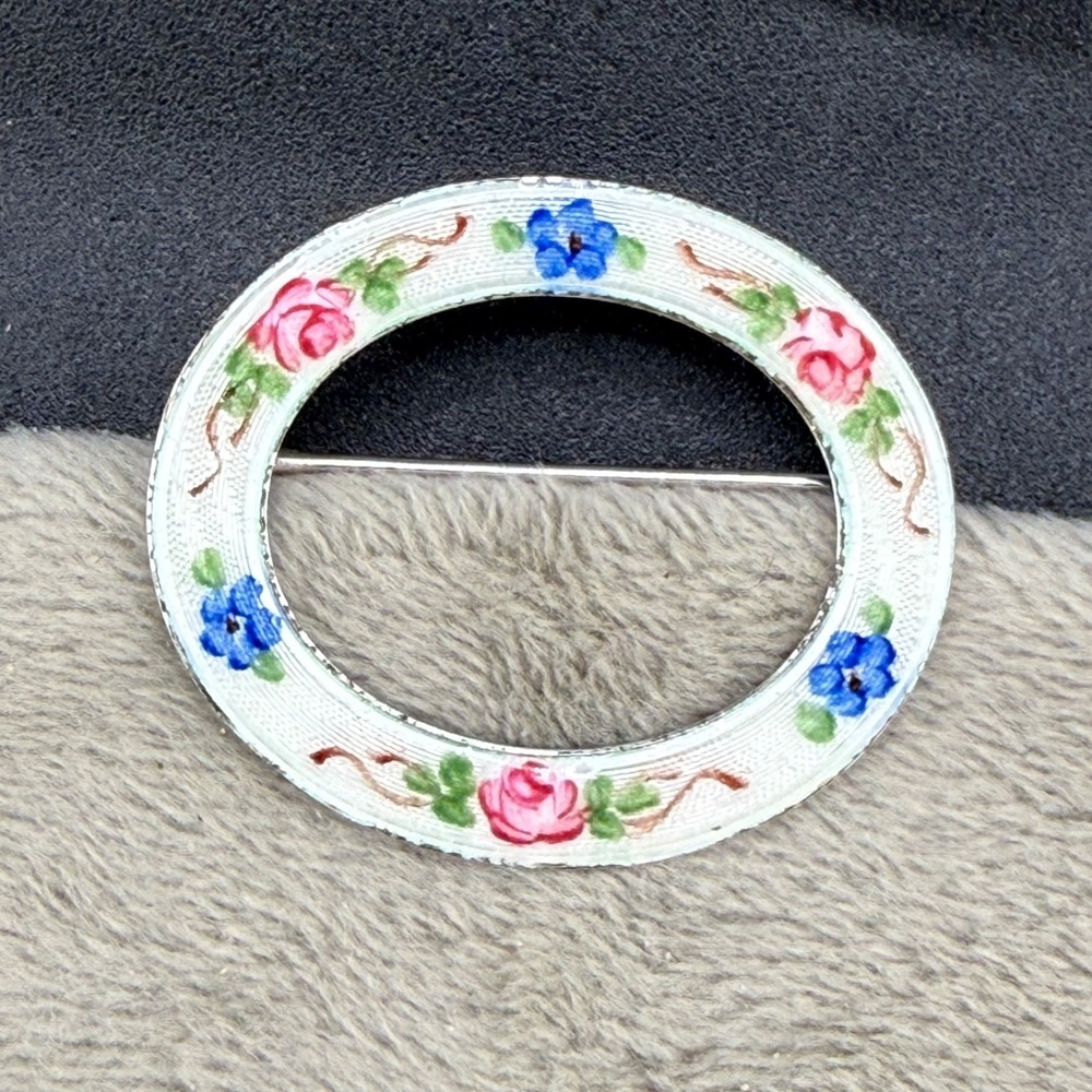 Vintage LaMode Guilloche Sterling Silver Brooch Enamel Flower